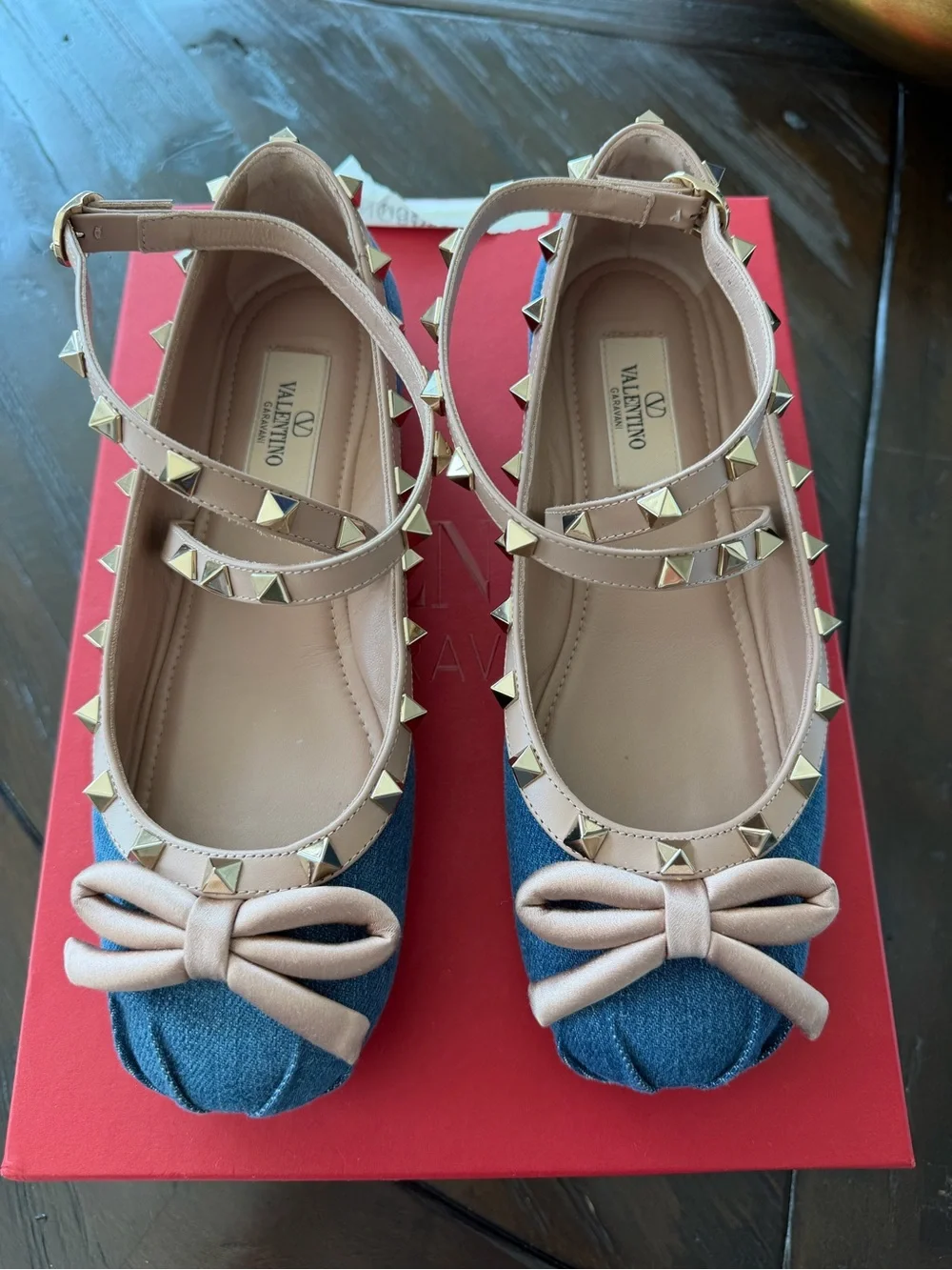 Valentino Denim Ballerina flats with Nude Bow & Gold Studs